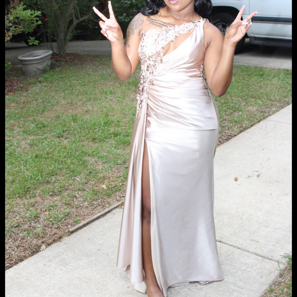 One Shoulder Satin Gown in Cream